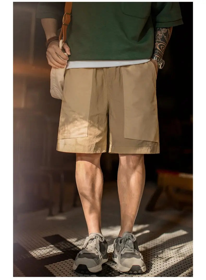 Outdoor Quick-Dry Khaki Cargo Shorts Men's Summer Lightweight Woven Straight Leg Beach Pants Elastic Waist Pocket Shorts