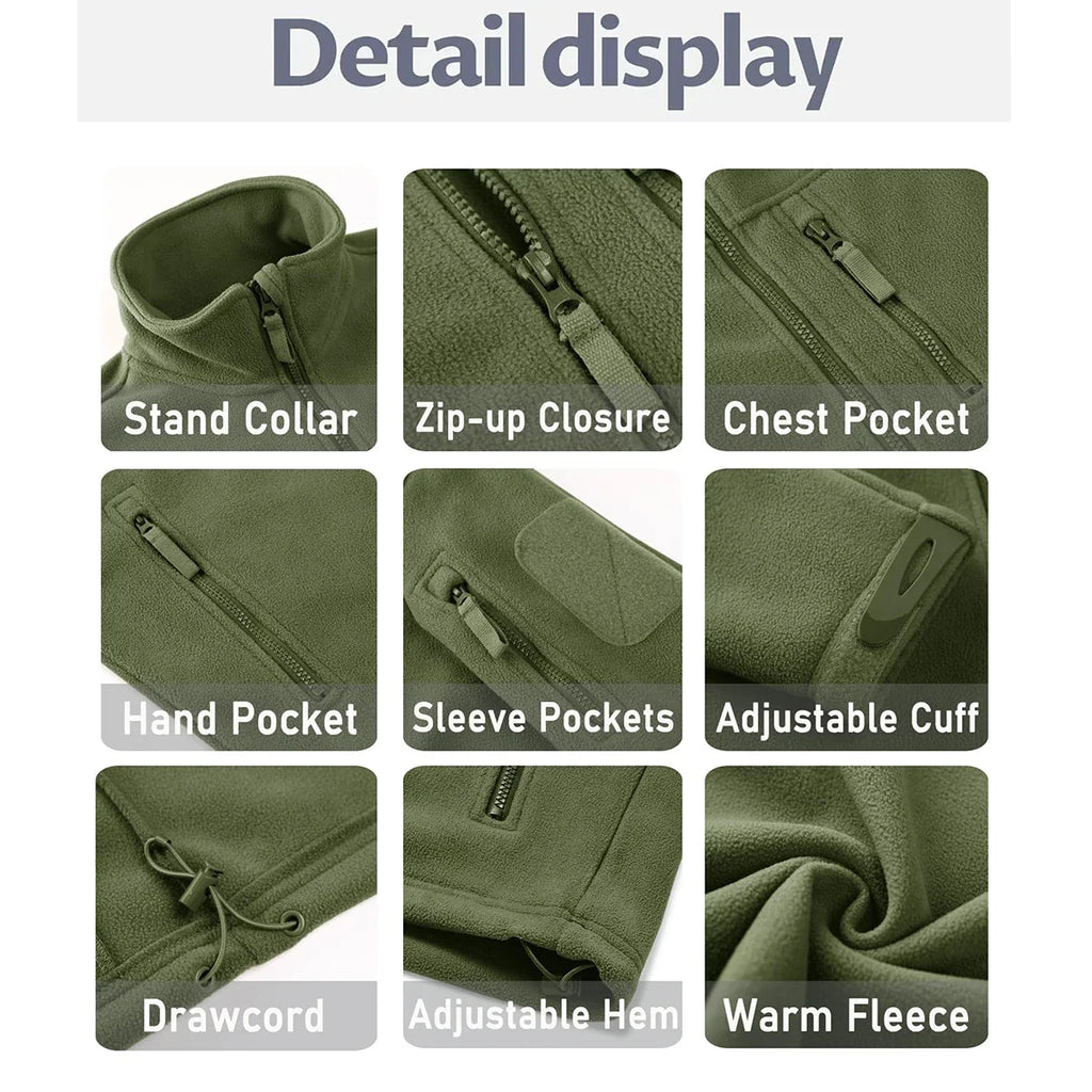 Men's Fleece Jacket Soft Warmth Windproof Full Zip Up Coat Multiple Zipper Pockets Hiking Working Outdoors Windbreaker