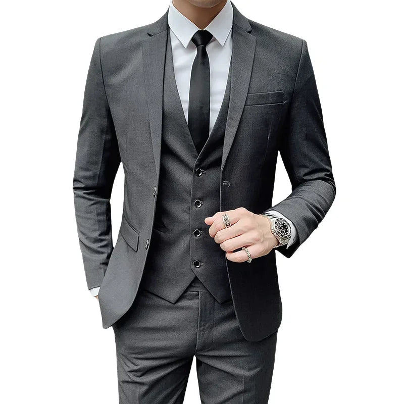 Suit Men's (Blazer+ Vest + Pants) 2025 Business Gentleman Fashionable and Fitted Casual Work Solid-color Wedding Best Man Suit