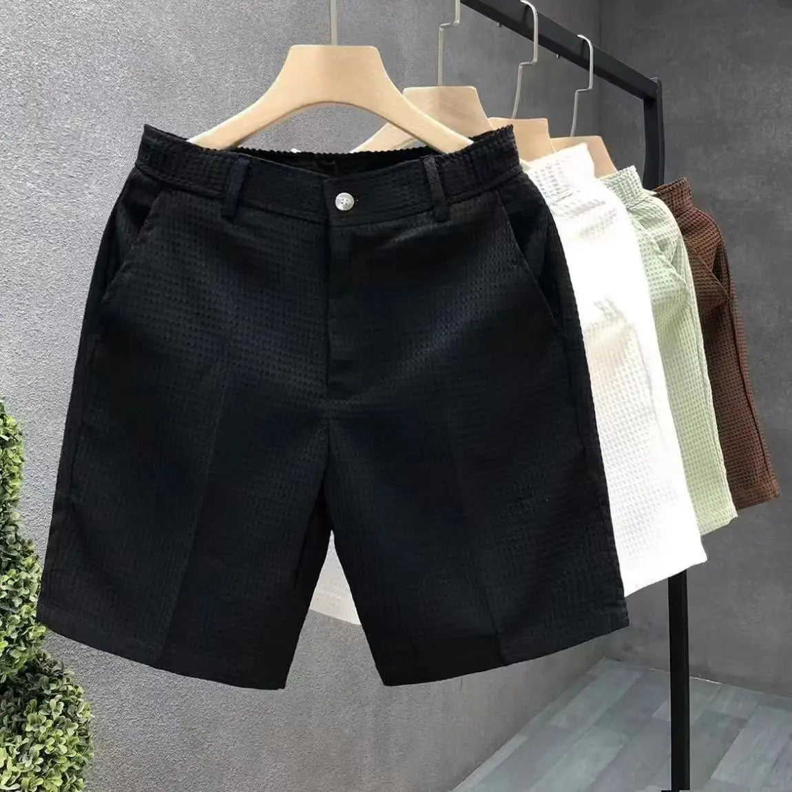 Men's Shorts Plaid Texture Solid Straight-leg Business Social Elastic Waist Button Short Pants Loose Knee Length Casual Short
