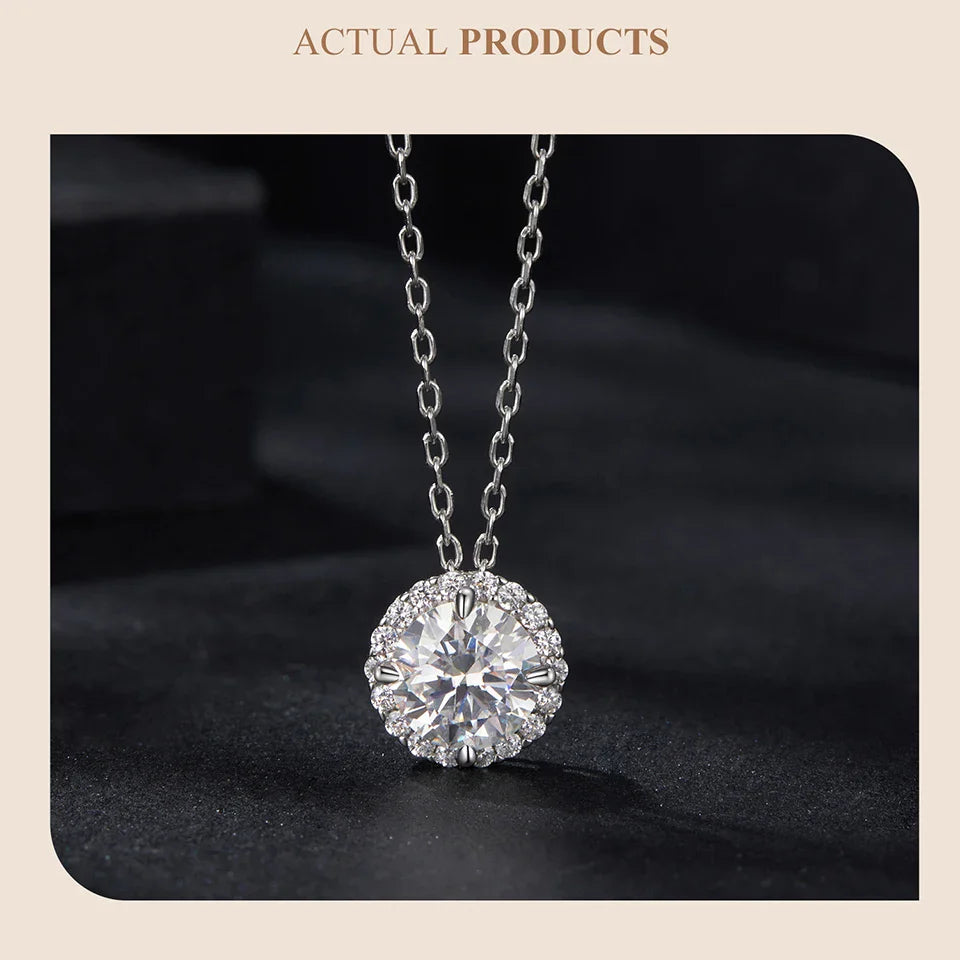 925 Sterling Silver Round Halo Moissanite Necklace, White Gold Plated Classic Elegant Necklace Engagement Jewellry Gift