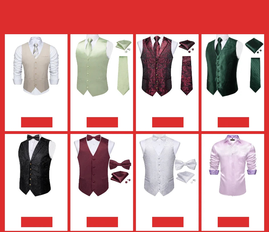 Suit Vest for Men Wedding Party Silk Waistcoat Bow Tie Handkerchief Cufflinks Tuxedo Gilet Men Clothing Wholesale
