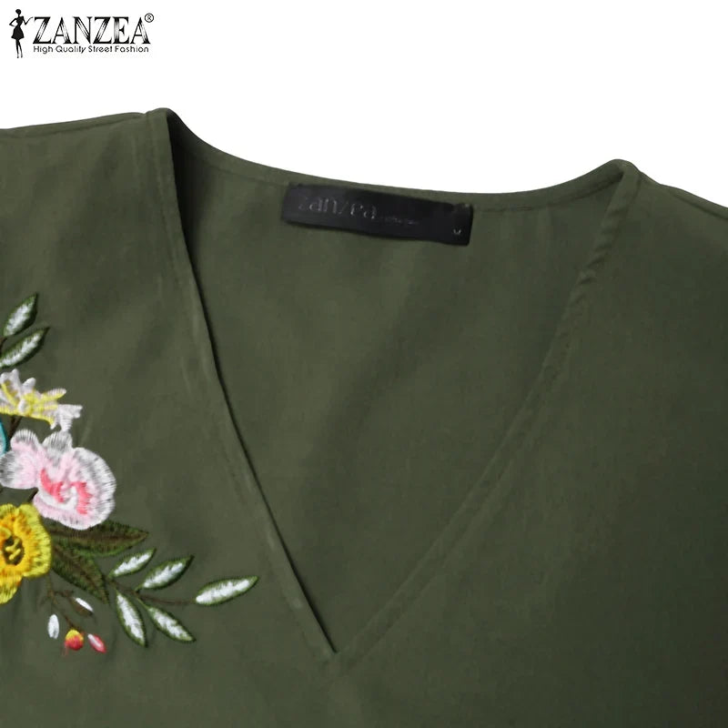 Women V Neck A-line Vestidos Solid Holiday Casual 2024 Summer Dresses Commute Half Sleeve Floral Embroidery Midi Dress