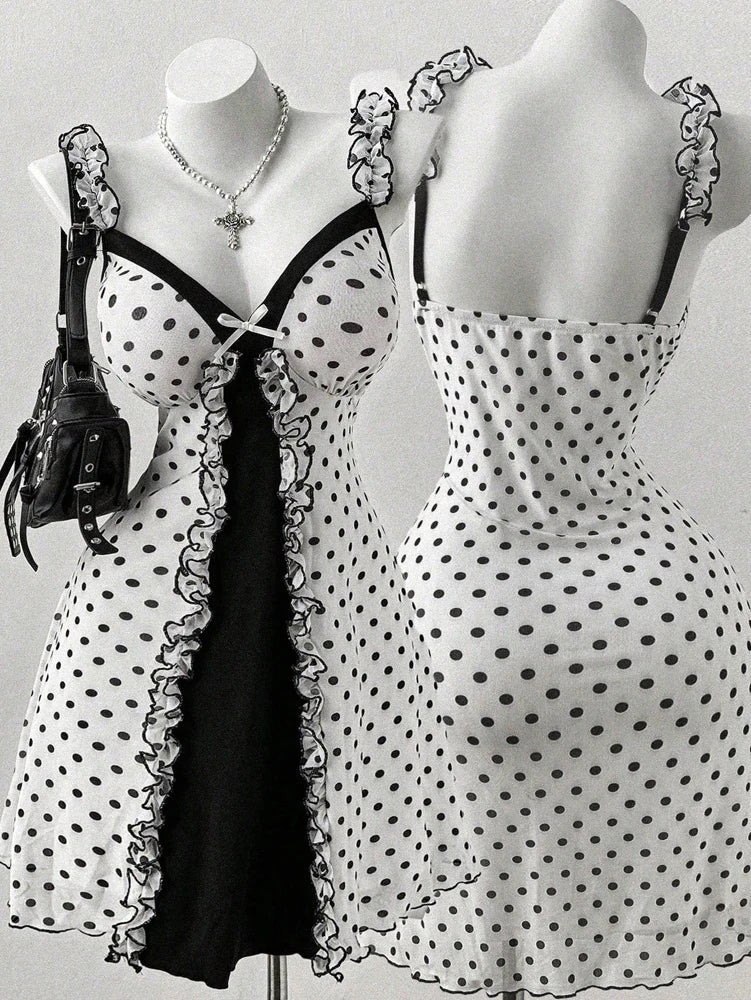 Plus Size Y2K Polka Dot Dress, Ruffle Trim Bow Front Cami Mini Dress, Sexy Sweet Coquette Style Party Dress for Women