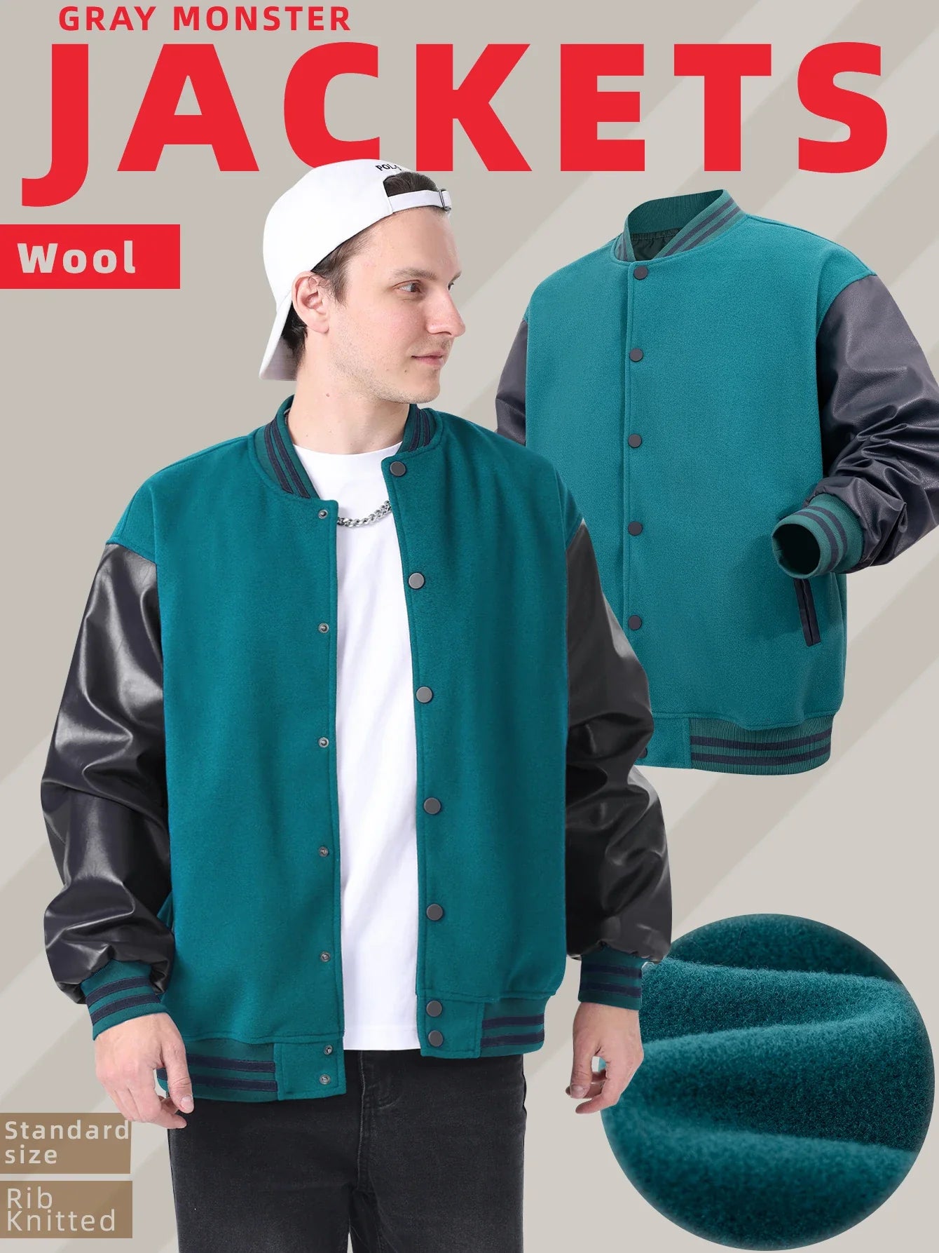 Men's Classic Varsity Jacket with Faux Leather Sleeves Letterman Style Baseball Coat Color-Block Lightweight Men's
