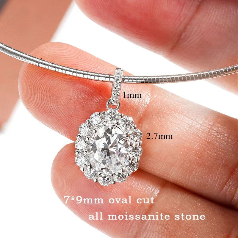 Oval Cut 7*9MM Flowers Full Moissanite Necklace Pendant for Women Lab Diamond 1.5mm Chain Pure 925 Silver Fine Jewelry
