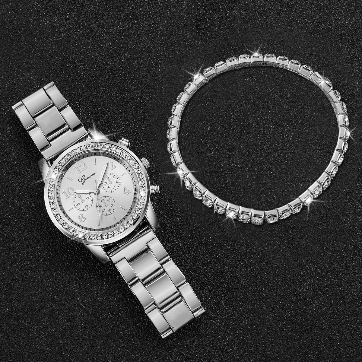 Fashion Women Stainless Steel  Silver Color Quartz Watch with Diamond Bracelet