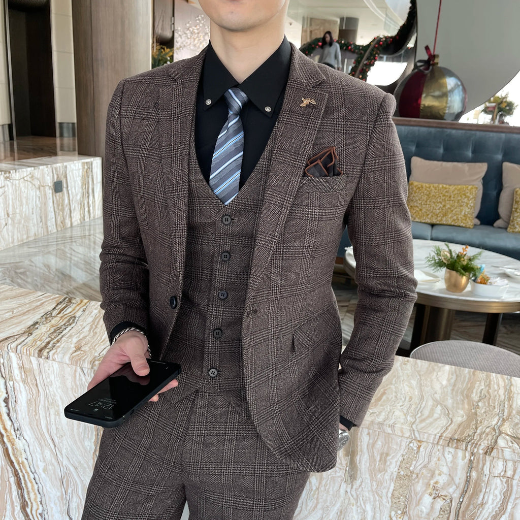 British Modified Plaid Three-Piece Suit for Men - Stylish Business Casual Suit Vest And Trousers Set