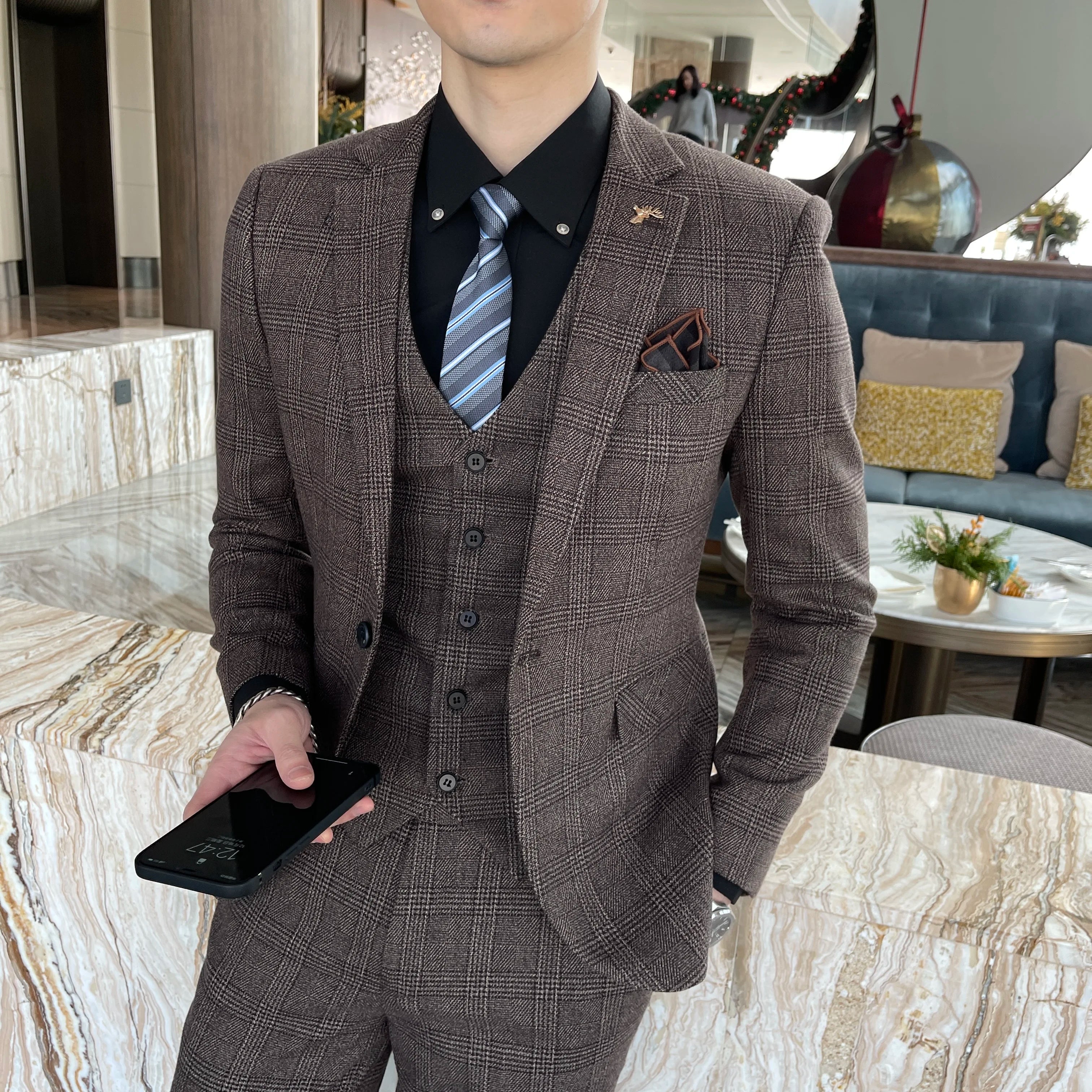 British Modified Plaid Three-Piece Suit for Men - Stylish Business Casual Suit Vest And Trousers Set