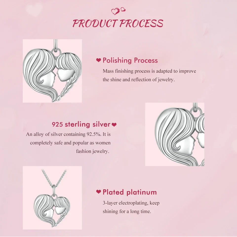 925 Sterling Silver Mother and Daughter Heart Shape Pendant Necklace for Women Birthday Mother's Day Gift Fine Jewelry