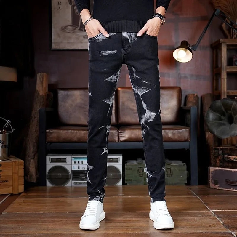 Spring and Autumn New Fashion Trend Retro Printed Straight Leg Elastic Jeans For Men's Casual Sports Comfort High-Quality Jeans