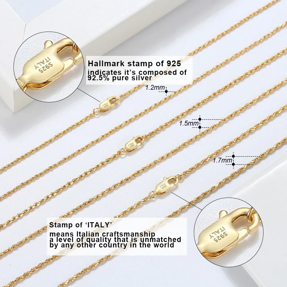 925 Silver Wholesale 40-60cm 14K 18K Gold Plated Rope Chain Necklace for Women Man Vintage Style 16-24Inch SC29