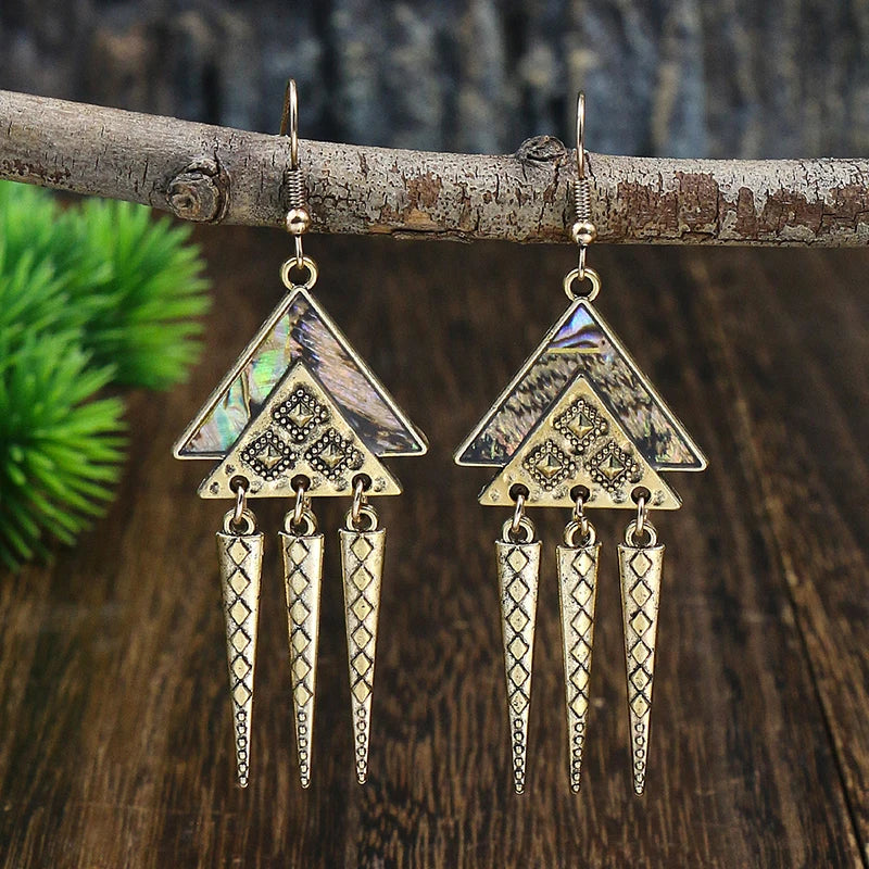 Vintage Bohemian Long Earrings For Women Big Statement Carved Geometric Tassel Boho Tibetan Silver Bronze Color Jewelry Earrings
