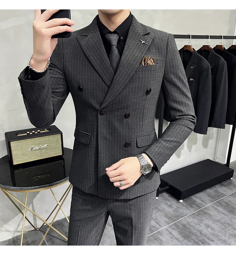 ( Blazer+Vest+Pants ) Groom Wedding Male Suit Luxury Brand Fashion Striped Men's Casual Business Office Double Breasted Suit
