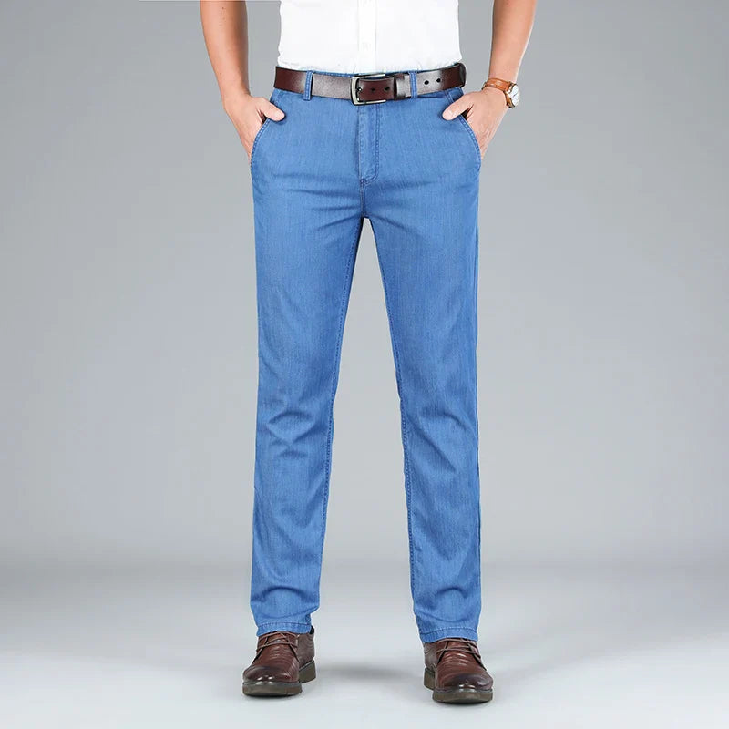 2026 Thin Stretch Denim Business Casual High Waist  High Lyocell  Men's Fit Straight Lightweight Cotton  Light Grey Jeans