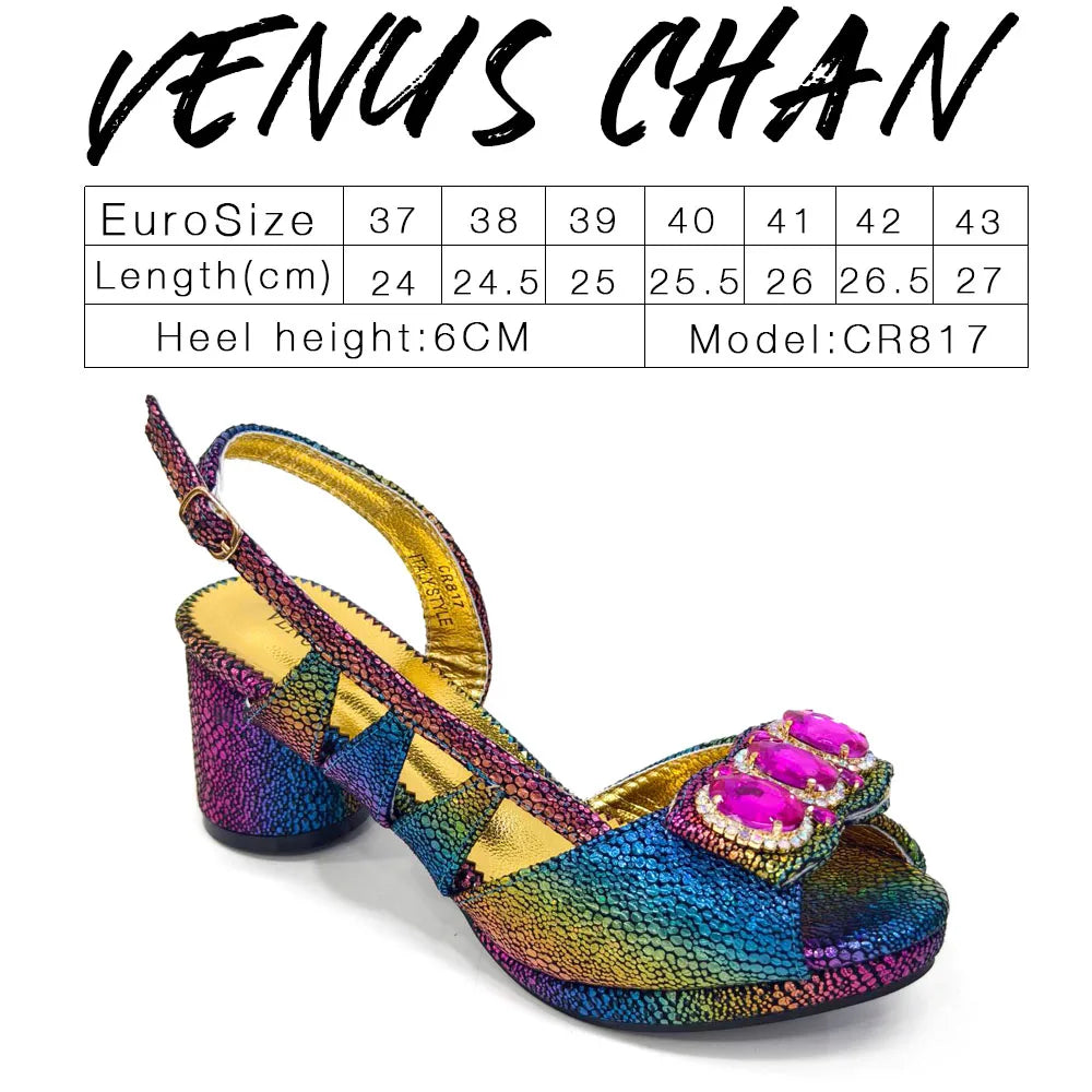 Shiny Peep Toe Women Chunky Heel Fashion Rhinestone Decoration Shoes And Bag Set