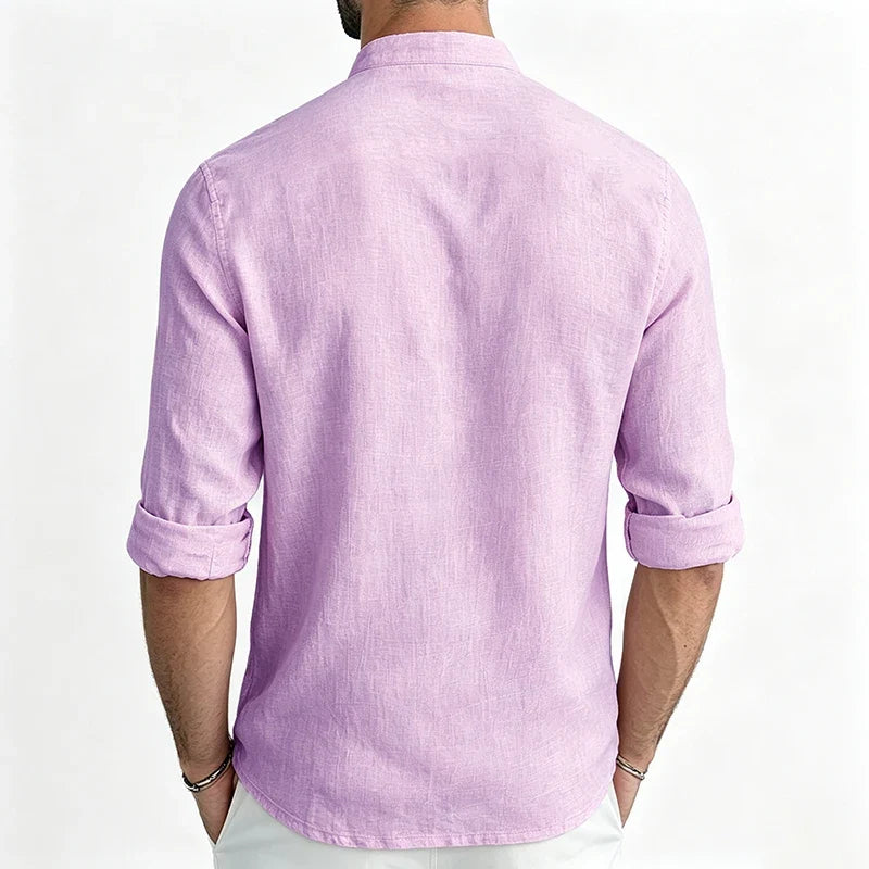 Men Mandarin Collar Long Sleeve Henley Cotton Linen Shirt With Chest Pocket Breathable Lightweight Beach Travel Daily Casual Top