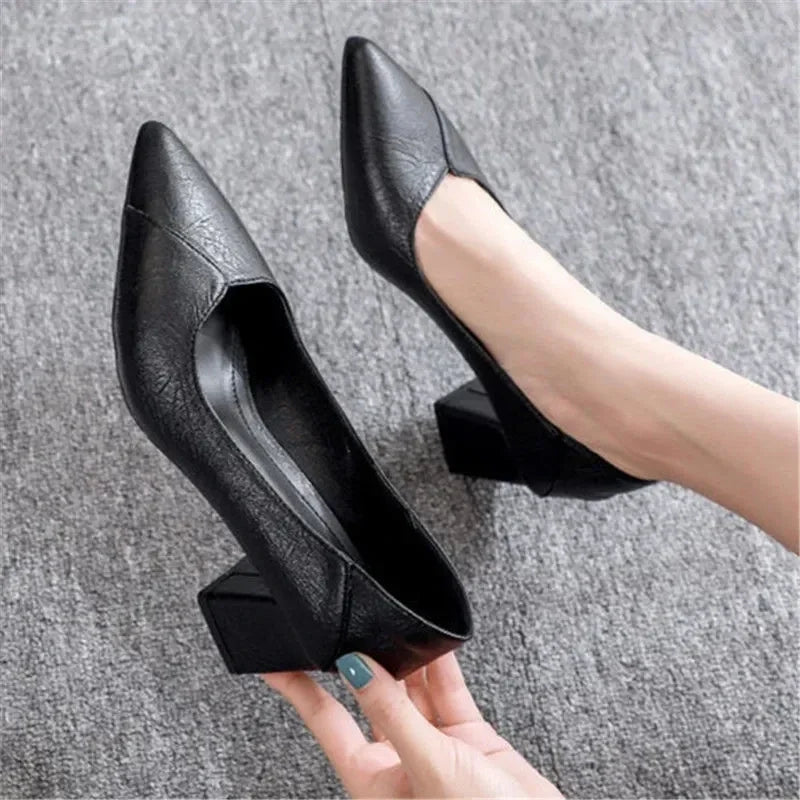 3-5cm Chunky Heeled Women Shoes Square Heel Leather Shoes Pumps Zapatos De Mujer Fashion Designer Office Ladies Single Shoe