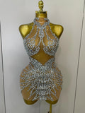Sparkly Rhinestones Sexy Mesh See Through Dress Party Evening Prom Celebrate Birthday Dress Singer Dancer Show Stage Wear