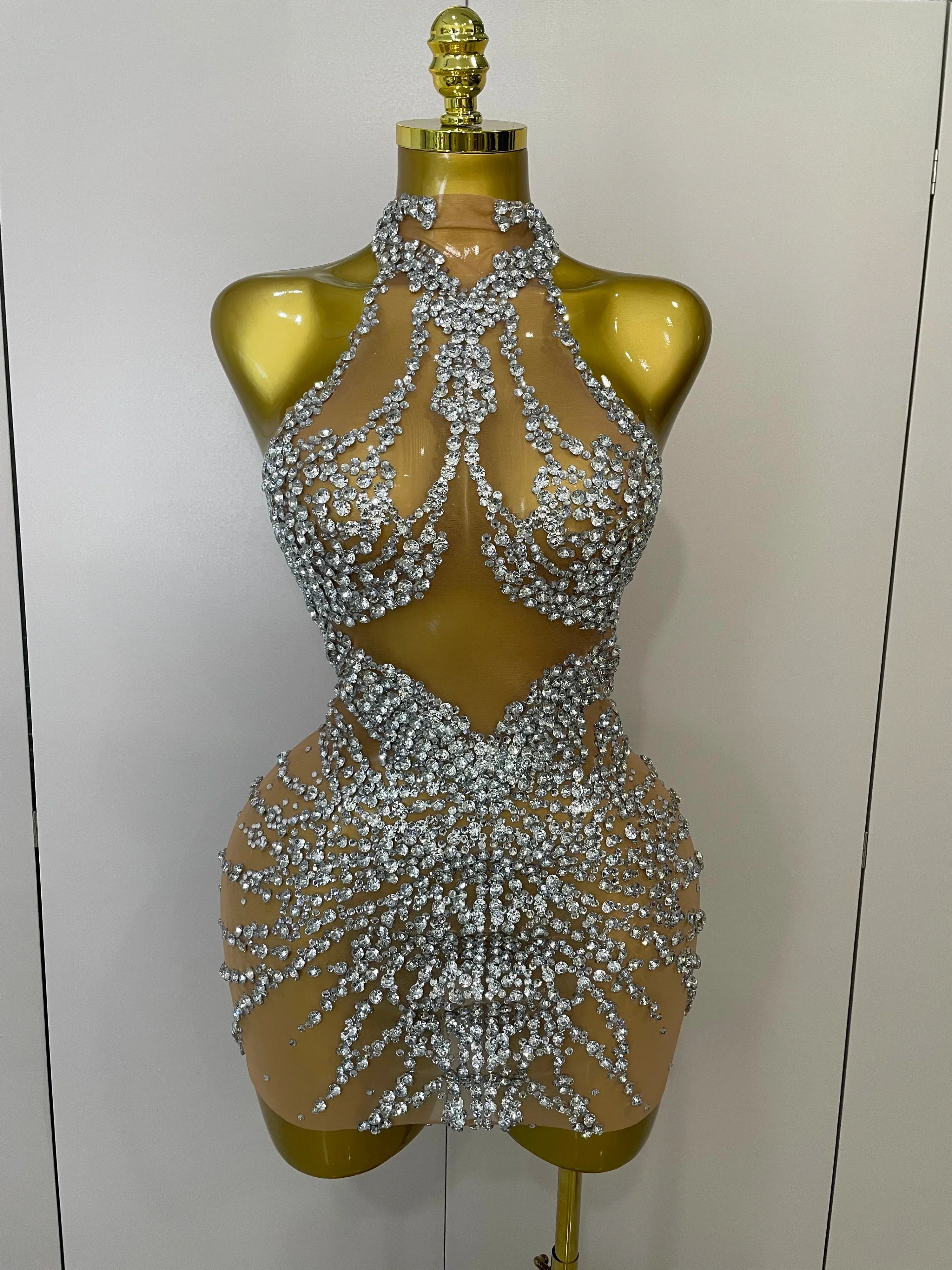 Sparkly Rhinestones Sexy Mesh See Through Dress Party Evening Prom Celebrate Birthday Dress Singer Dancer Show Stage Wear