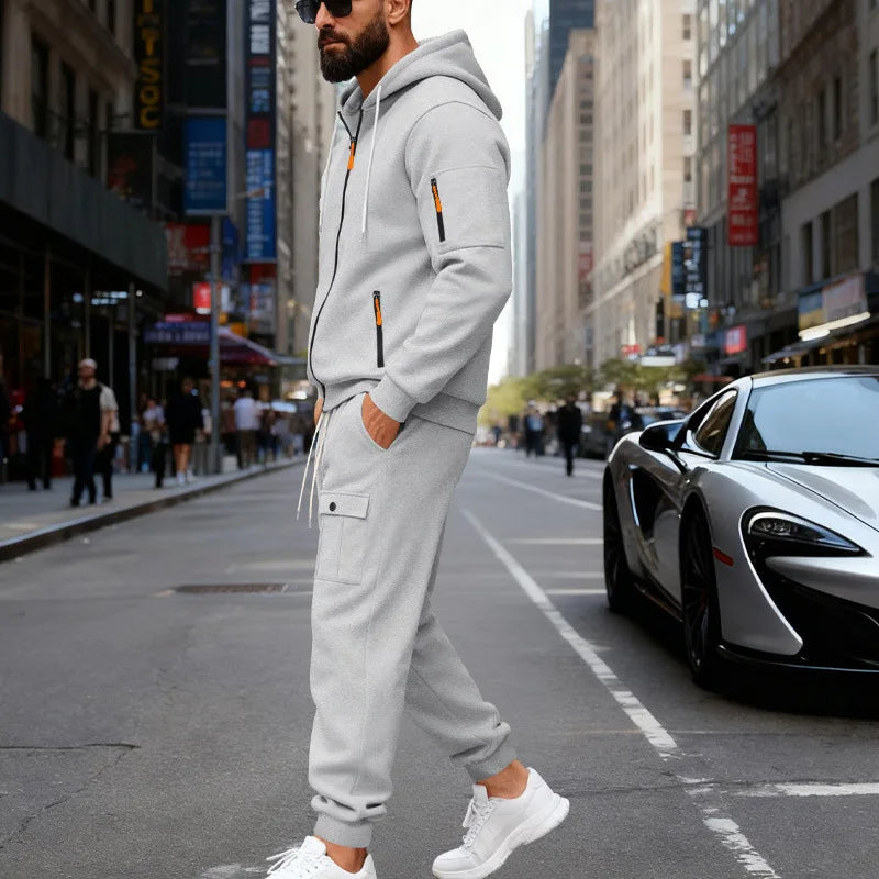 Autumn and winter men's velvet loose casual tooling outdoor sports fashion hooded sweater set