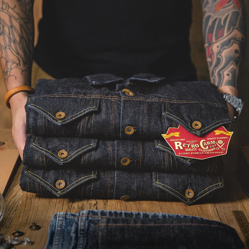 Vintage 14.8oz Washed Denim Type III Jacket Classic Solid Slim Fit Coat Cotton Denim Jacket for Men Spring and Autumn Tops
