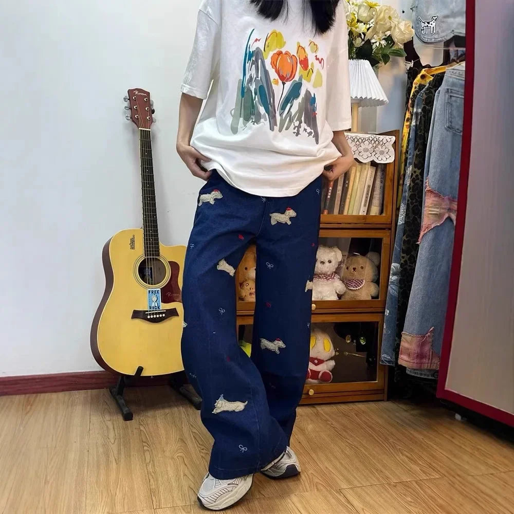Embroidered Dog Wide Leg Jeans High Waist Loose Straight Tube Pants