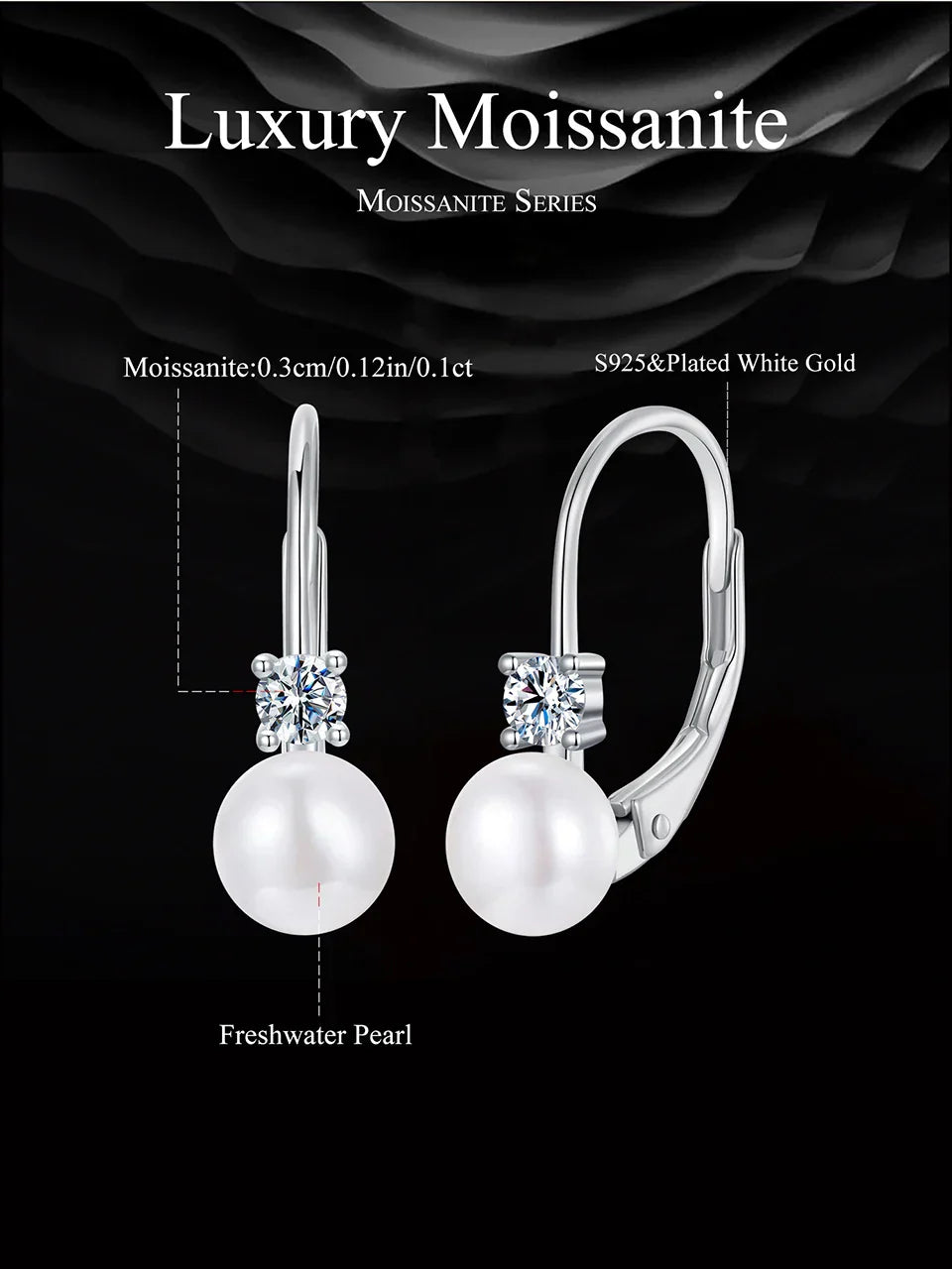 Moissanite Freshwater Pearl Earrings for Women Wedding, Round Cut Lab Diamond 925 Sterling Silver Drop Dangle Ear Buckles