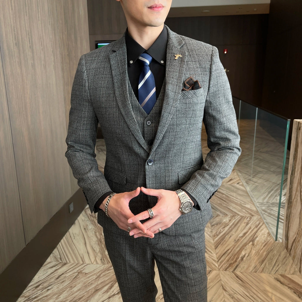 British Modified Plaid Three-Piece Suit for Men - Stylish Business Casual Suit Vest And Trousers Set