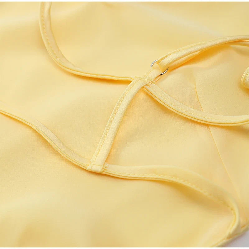 Yellow Satin Sling Dress Women Elegant V Neck Sleeveless Backless High Waist Maxi Dresses 2025 Summer Lady Party Evening Robes