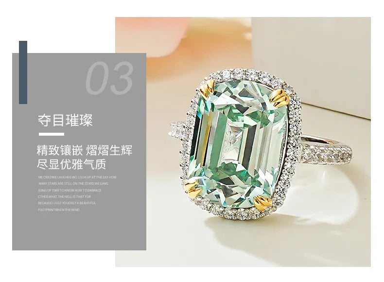 Luxurious light green tourmaline 925 sterling silver ring set with high carbon diamond temperament niche and versatile for women