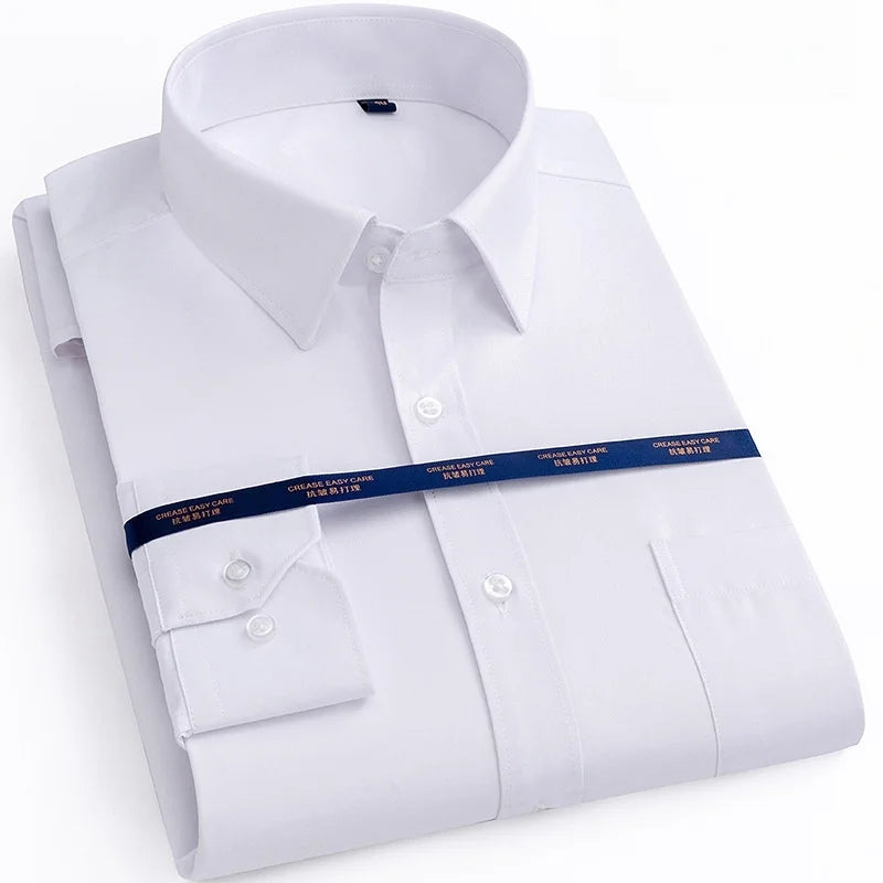 New Men Formal Shirt Long Sleeve Office Solid Color Anti-Wrinkle Fashion Business Pocket White Blue Social Pocket Shirts 6XL 7XL