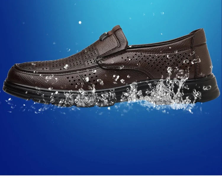 Men's Summer Breathable Leather Loafers Brown Hollow Out Slip-On Shoes Male Thick Sole Comfortable Non-slip Work Shoes for Man