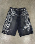 American Retro Gothic Halloween Geometry Graffiti Print Denim Shorts Men Women Y2k Low Waist Baggy Knee Length Jeans Jorts Short