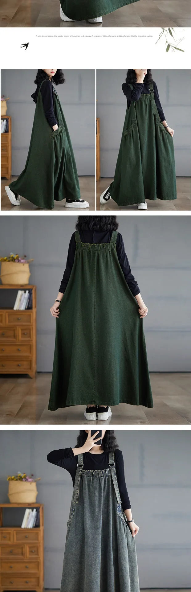 Retro Crtsmanip Loose Fit Slimming Denim Overalls Long Skirt Dr Spring Summer Autumn Winter A-Line Straight Cut Gown