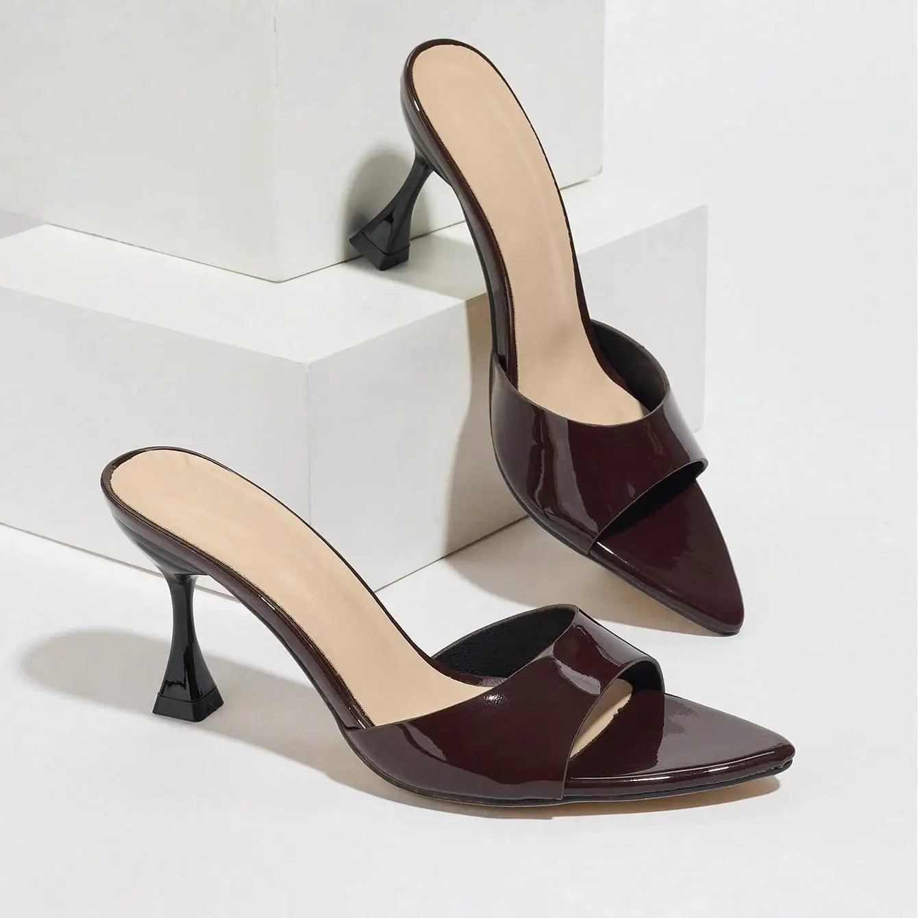 New Ladies Pointed Toe Mirror Surface Sandals High Heels Coffee Brown Strap Thin High Heel slippers Women 2026