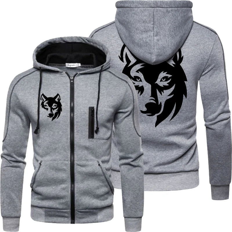 Men's Sweatshirt Long Sleeve Jacket Hoodie Zipper Closure Jacket Men's Hoodie Funny Wolf Printed Fall and Winter Jacket