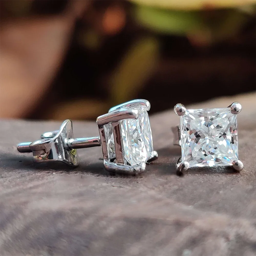 1/2/3/4carat Princess Cut Moissanite Stud Earrings Screw Back 925 Sterling Silver Square Diamond Stud Earring for Women Men Gift