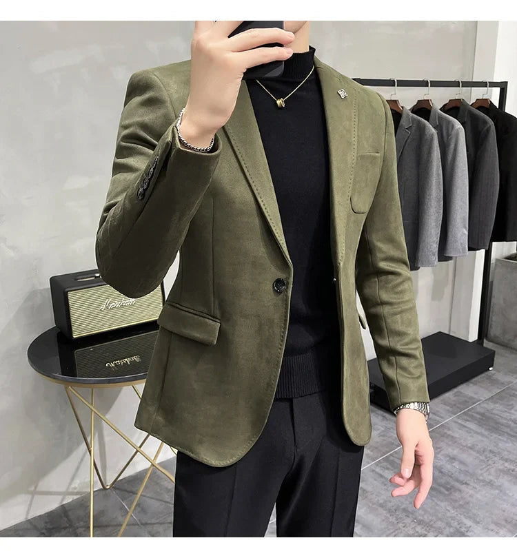 Plus Size 4XL-M Autumn Deerskin Velvet Jackets Blazer 6 Color Men Business Slim Blazers Hommes Casual Wedding Tuxedo Suit Coat
