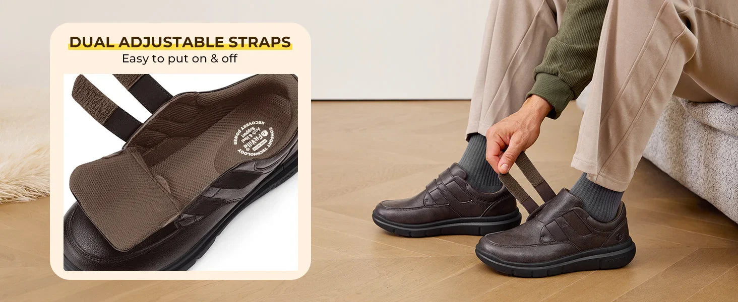Men'S Wide Walking Shoes Hook And Loop Comfortable Leather Business Shoes Orthopedic Diabetic Shoes For Swollen Feet