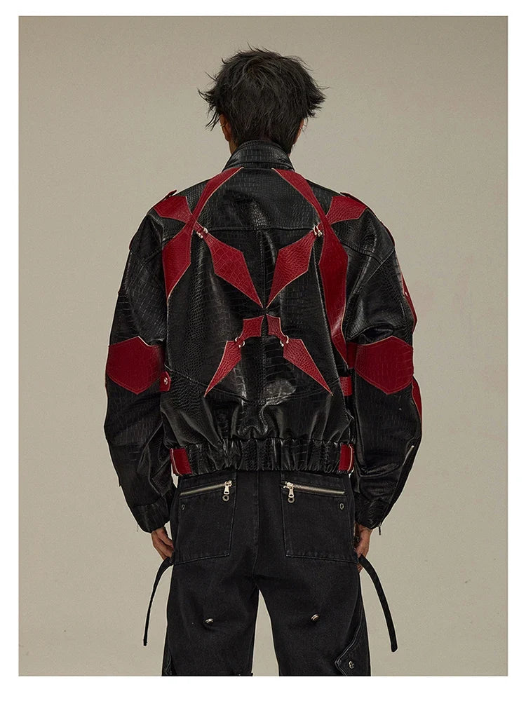Spring Autumn Cool Handsome Crocodile Print Patchwork Pu Leather Jacket Men Color Block Luxury Designer Clothes 2024