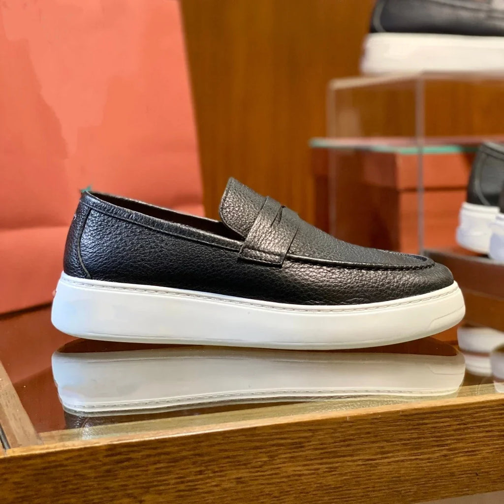 2026 New Men Genuine Grain Leather Penny Loafers Slip On Platform Non Slip Soft Sole Business Casual Driving Daily Walking Shoes