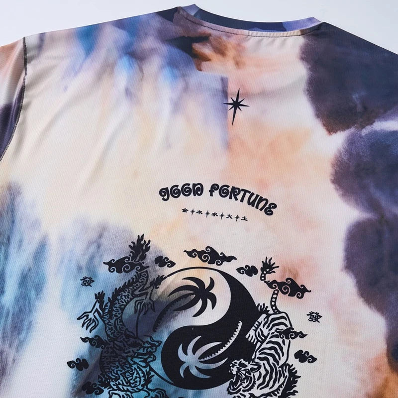 Men's Long Sleeve Sports T-Shirt Quick Dry Stretch Athletic Base Layer Ink Digital Printing Workout Running Top Unisex