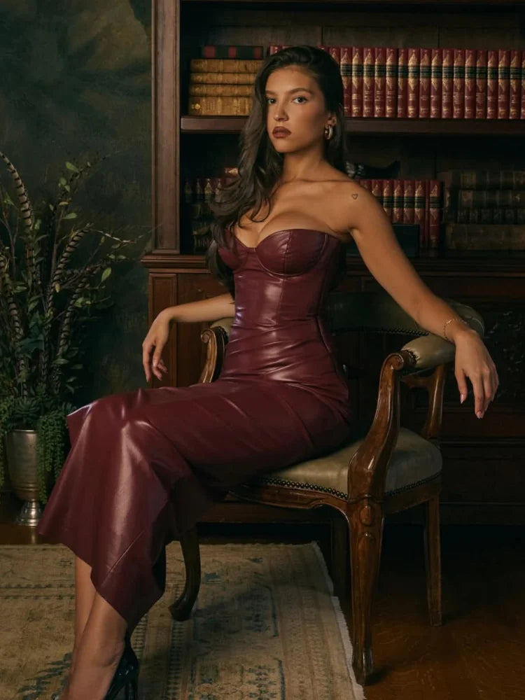 Sexy Woman Strapless Burgundy Slim Leather Long Dress