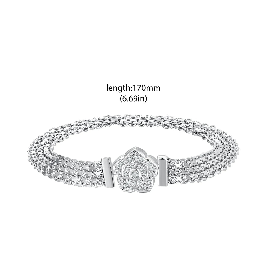 Original 925 Sterling Silver Rose Basic Bracelet Flat Chain Bangle Sparkling Zirconia Flower Charm for Women Birthday Gift