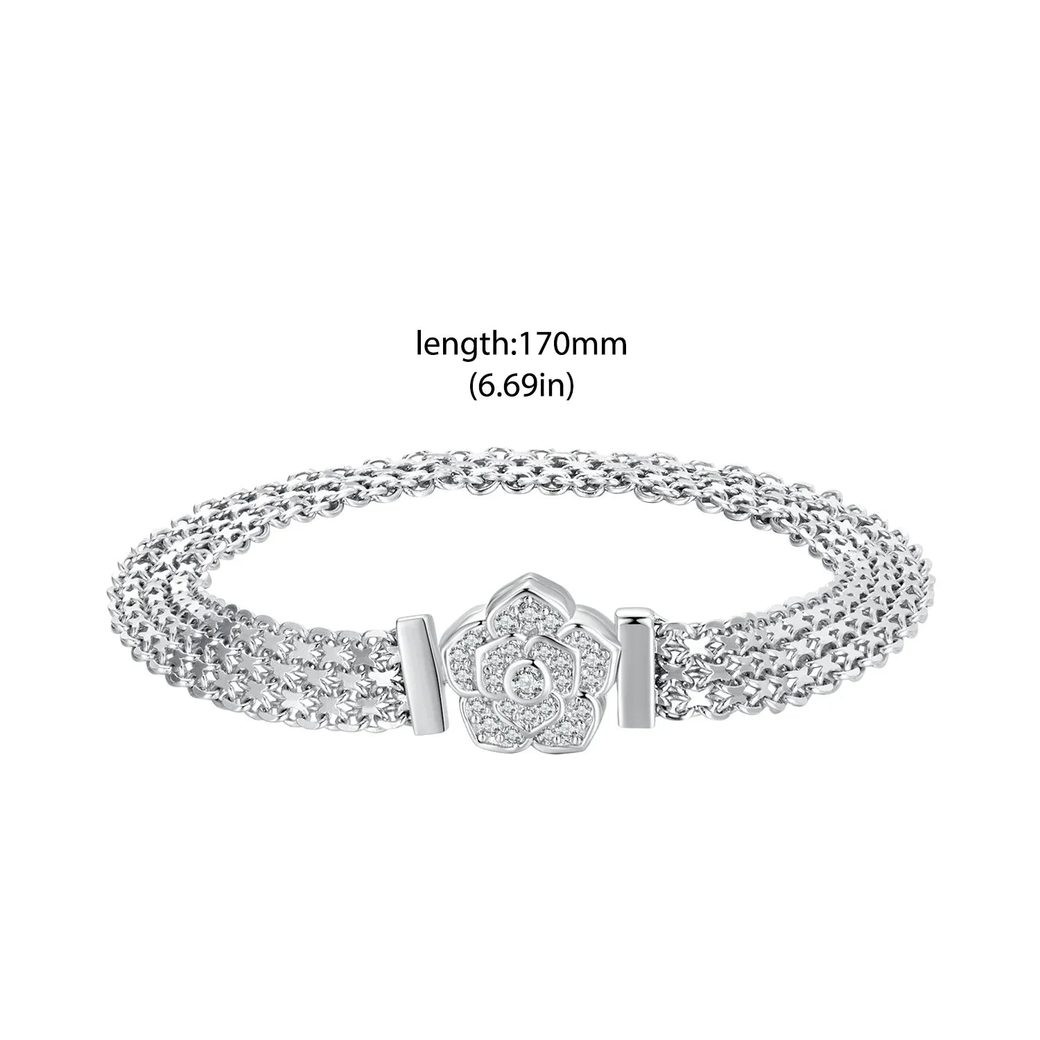 Original 925 Sterling Silver Rose Basic Bracelet Flat Chain Bangle Sparkling Zirconia Flower Charm for Women Birthday Gift
