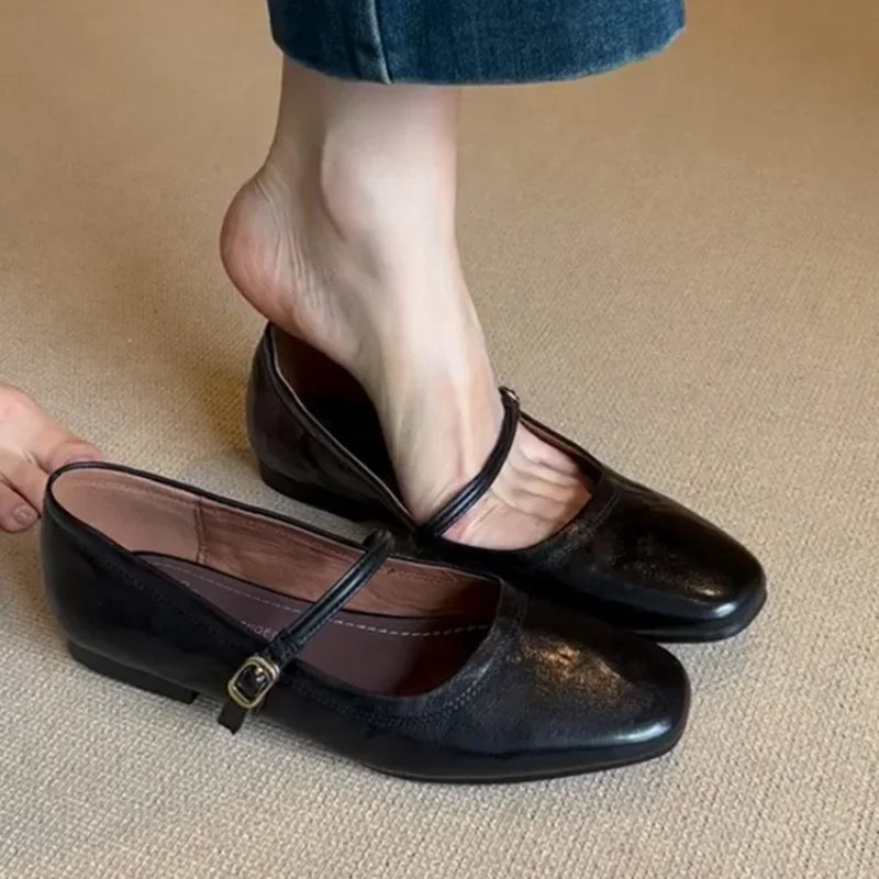 Genuine Leather Mary Jane Shoes Women's Flat Bottom Vintage French Style Slip-On Loafers Low Heel Korean Style Solid Color