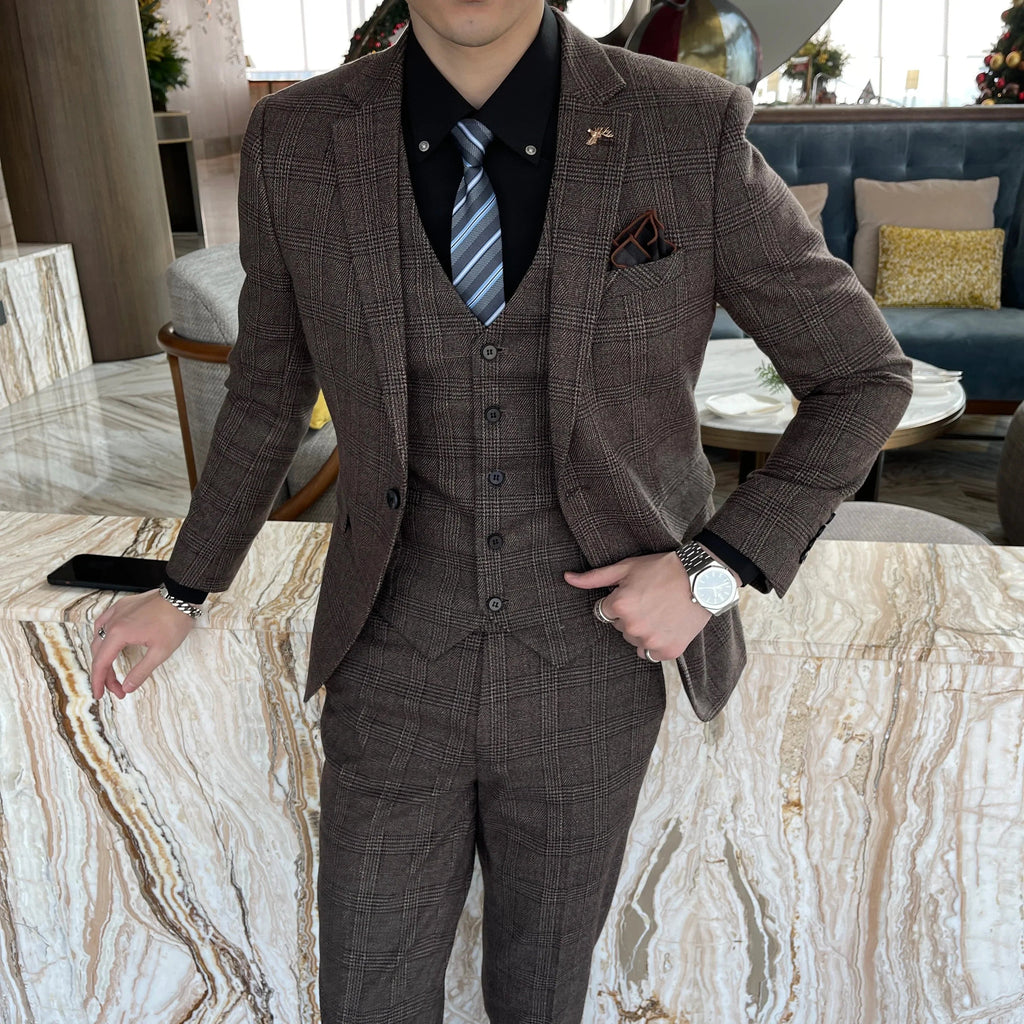 British Modified Plaid Three-Piece Suit for Men - Stylish Business Casual Suit Vest And Trousers Set