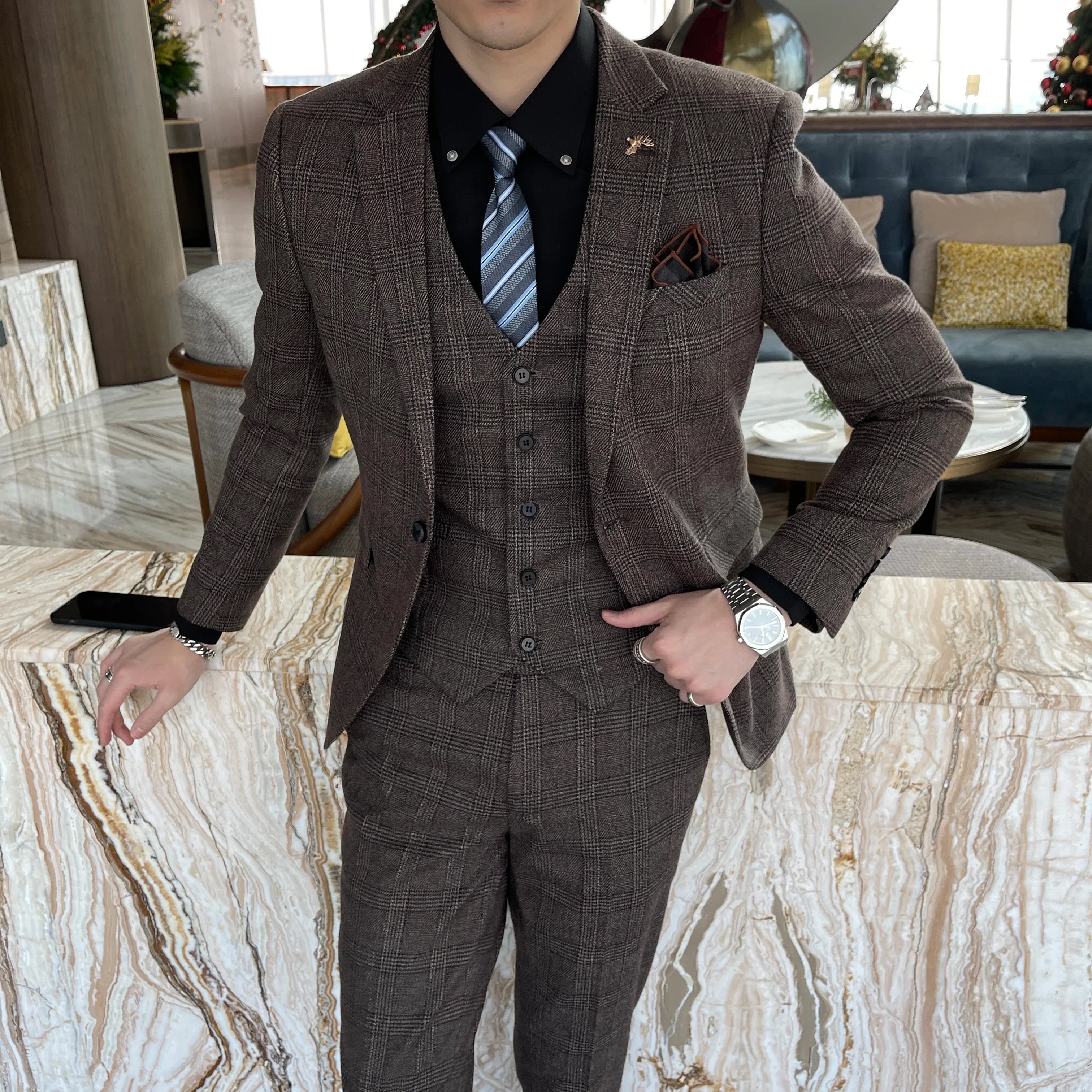 British Modified Plaid Three-Piece Suit for Men - Stylish Business Casual Suit Vest And Trousers Set