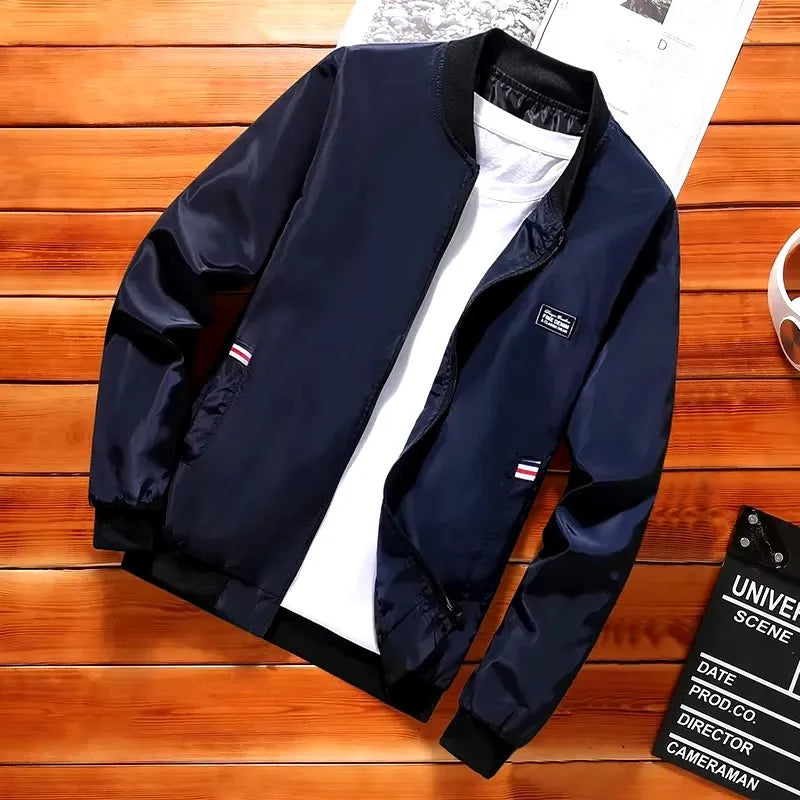 Men's Casual Long Sleeve Zipper Baseball Collar Bomber Jacket, Chic And Trendy Regular Fit Windbreaker Jacket For Spring
